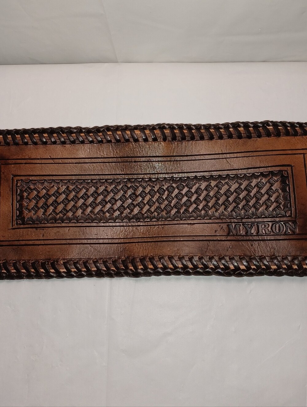 Brown Leather Men’s Wallet - Hand-Tooled Bifold. MYRON Embossed On Front - Picture 5 of 10